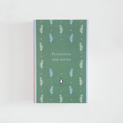 Portada verde y celeste del libro en inglés Persuasion de Jane Austen de la colección Penguin English Library sobre fondo blanco.
