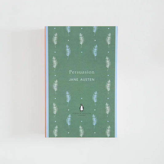 Portada verde y celeste del libro en inglés Persuasion de Jane Austen de la colección Penguin English Library sobre fondo blanco.
