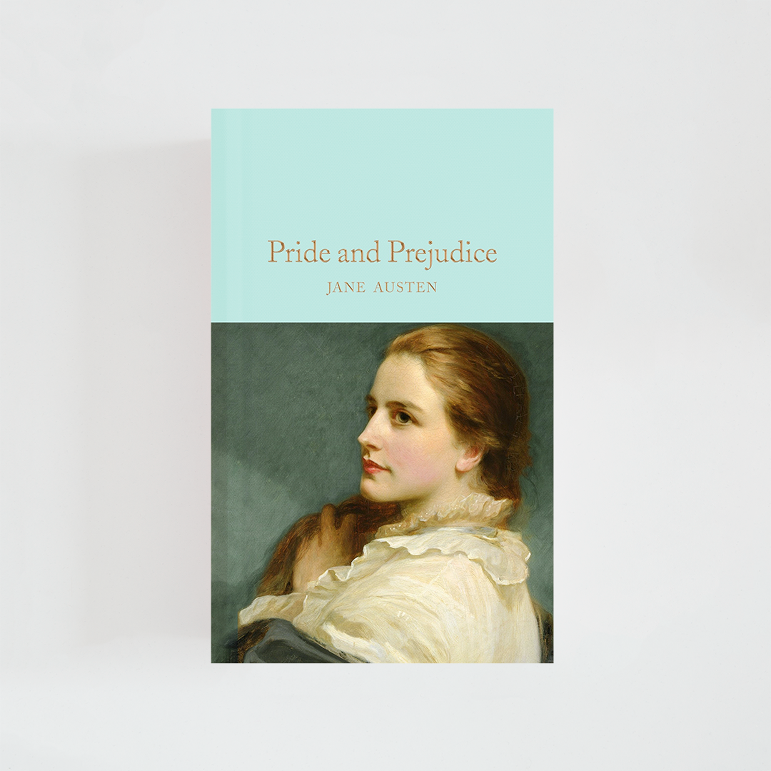 Portada del libro Pride and Prejudice de Jane Austen (The Collector's Library) de color celeste acompañada de imagen inspirada en la novela.