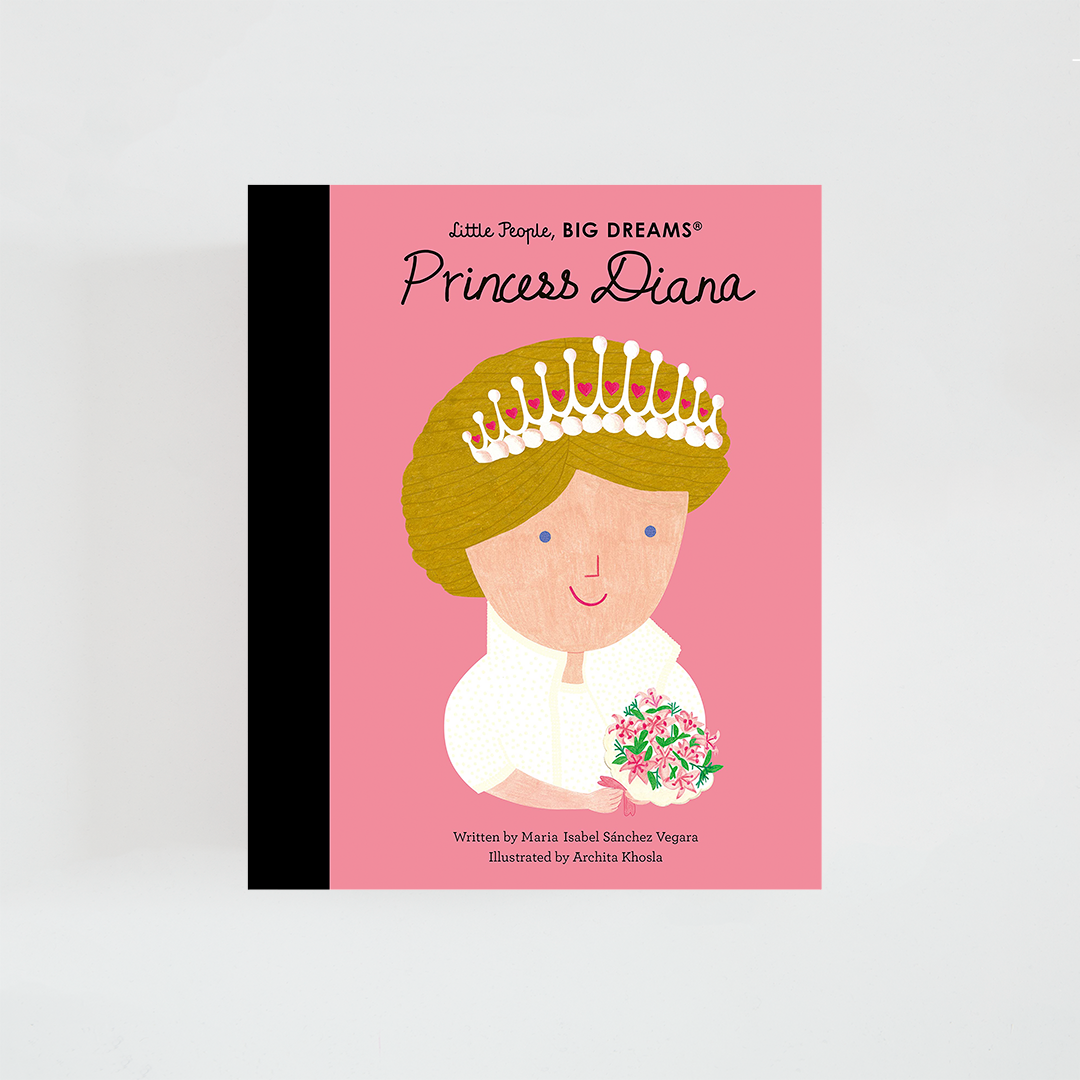 Portada del libro Princess Diana de la colección Little People, BIG DREAMS. Ilustración de Diana de Gales con vestido elegante, tiara y ramo de flores. Fondo en tono rosa y título destacado en la parte superior.