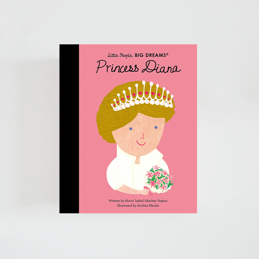 Portada del libro Princess Diana de la colección Little People, BIG DREAMS. Ilustración de Diana de Gales con vestido elegante, tiara y ramo de flores. Fondo en tono rosa y título destacado en la parte superior.