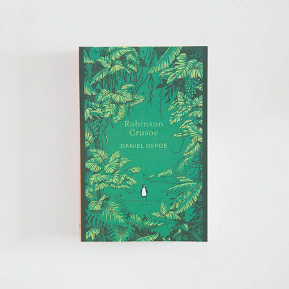 Portada en tonos de verde del libro en inglés Robinson Crusoe de Daniel Defoe de la colección Penguin English Library sobre fondo blanco.

