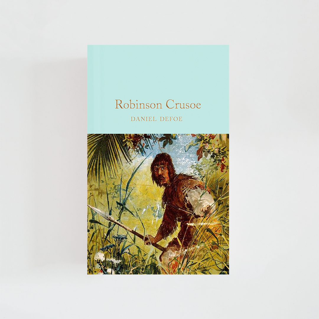 Portada del libro Robinson Crusoe de Daniel Defoe (The Collector's Library) de color celeste acompañada de imagen inspirada en la novela.