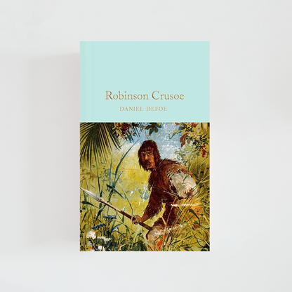Portada del libro Robinson Crusoe de Daniel Defoe (The Collector's Library) de color celeste acompañada de imagen inspirada en la novela.
