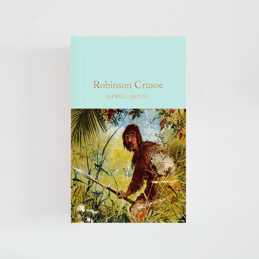 Portada del libro Robinson Crusoe de Daniel Defoe (The Collector's Library) de color celeste acompañada de imagen inspirada en la novela.