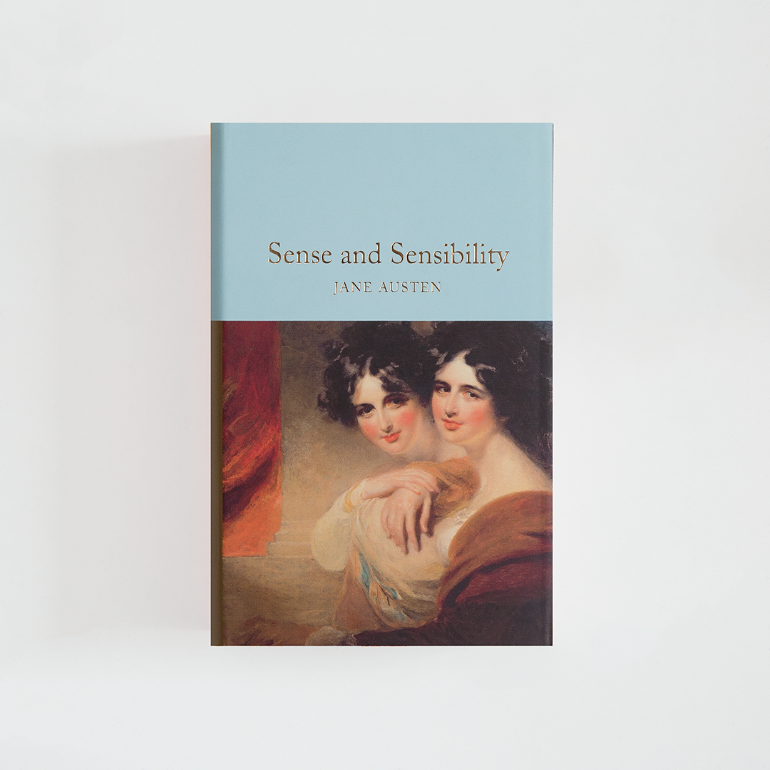 Portada del libro Sense and Sensibility de Jane Austen (The Collector's Library) de color celeste acompañada de imagen inspirada en la novela.