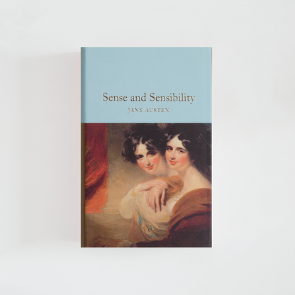 Portada del libro Sense and Sensibility de Jane Austen (The Collector's Library) de color celeste acompañada de imagen inspirada en la novela.