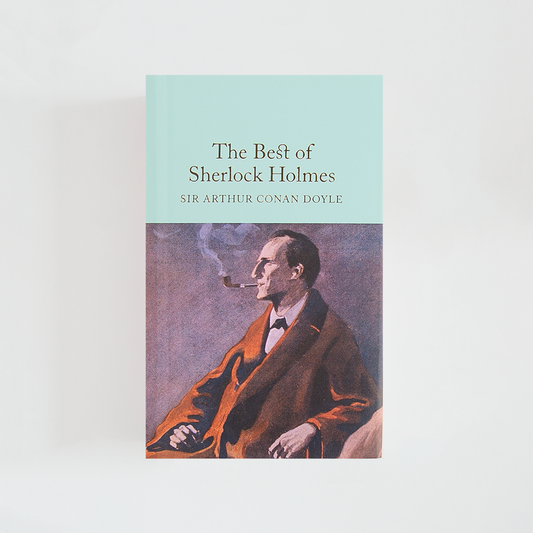 Portada del libro The Best of Sherlock Holmes de Arthur Conan Doyle (The Collector's Library) de color celeste acompañada de imagen inspirada en la novela.