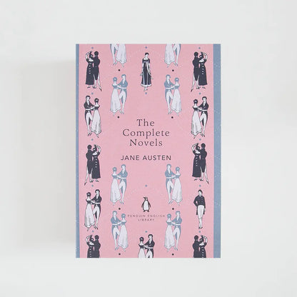 Portada rosa y gris del libro en inglés The Complete Novels de Jane Austen de la colección Penguin English Library sobre fondo blanco.
