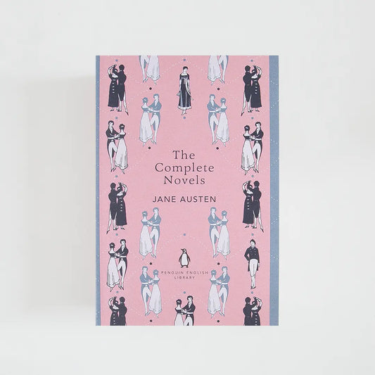 Portada rosa y gris del libro en inglés The Complete Novels de Jane Austen de la colección Penguin English Library sobre fondo blanco.
