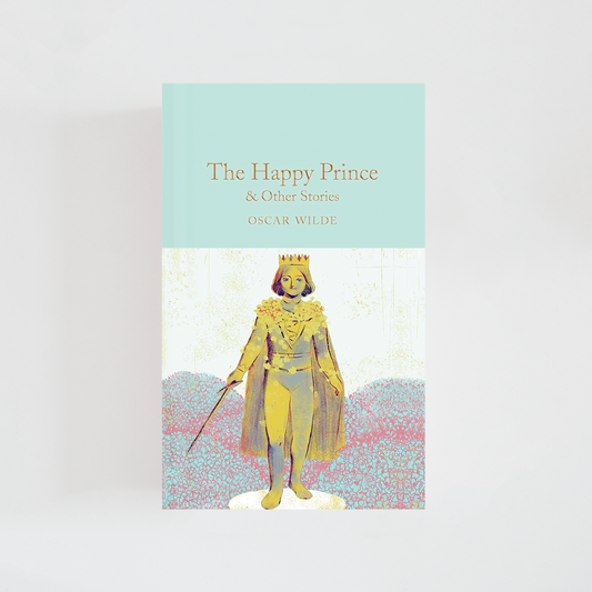 Portada del libro The Happy Prince de Oscar Wilde (The Collector's Library) de color celeste acompañada de imagen inspirada en la novela.