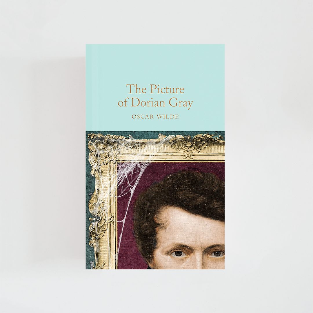 Portada del libro The Picture of Dorian Gray de Oscar Wilde (The Collector's Library) de color celeste acompañada de imagen inspirada en la novela.
