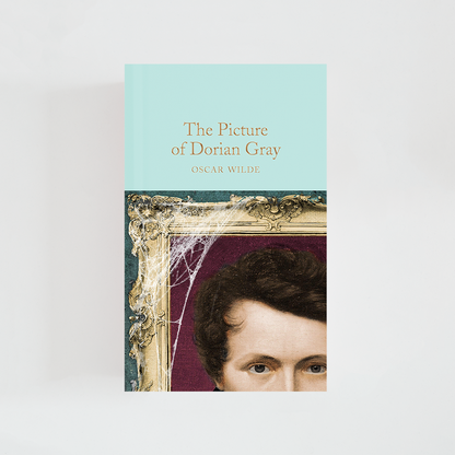 Portada del libro The Picture of Dorian Gray de Oscar Wilde (The Collector's Library) de color celeste acompañada de imagen inspirada en la novela.