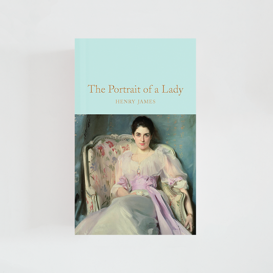 Portada del libro The Portrait of a Lady de Henry James (The Collector's Library) de color celeste acompañada de imagen inspirada en la novela.
