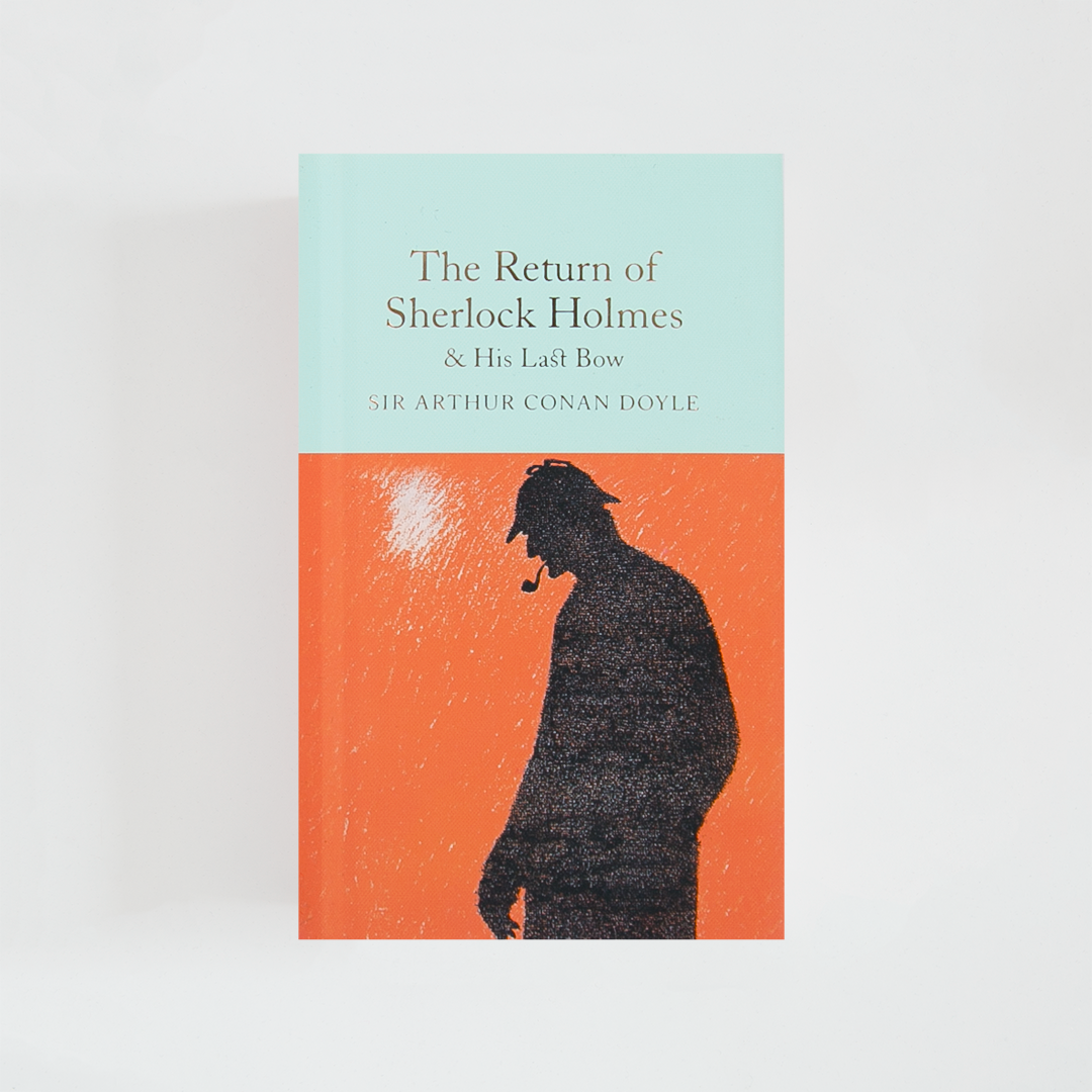 Portada del libro The Return of Sherlock Holmes de Arthur Conan Doyle (The Collector's Library) de color celeste acompañada de imagen inspirada en la novela.