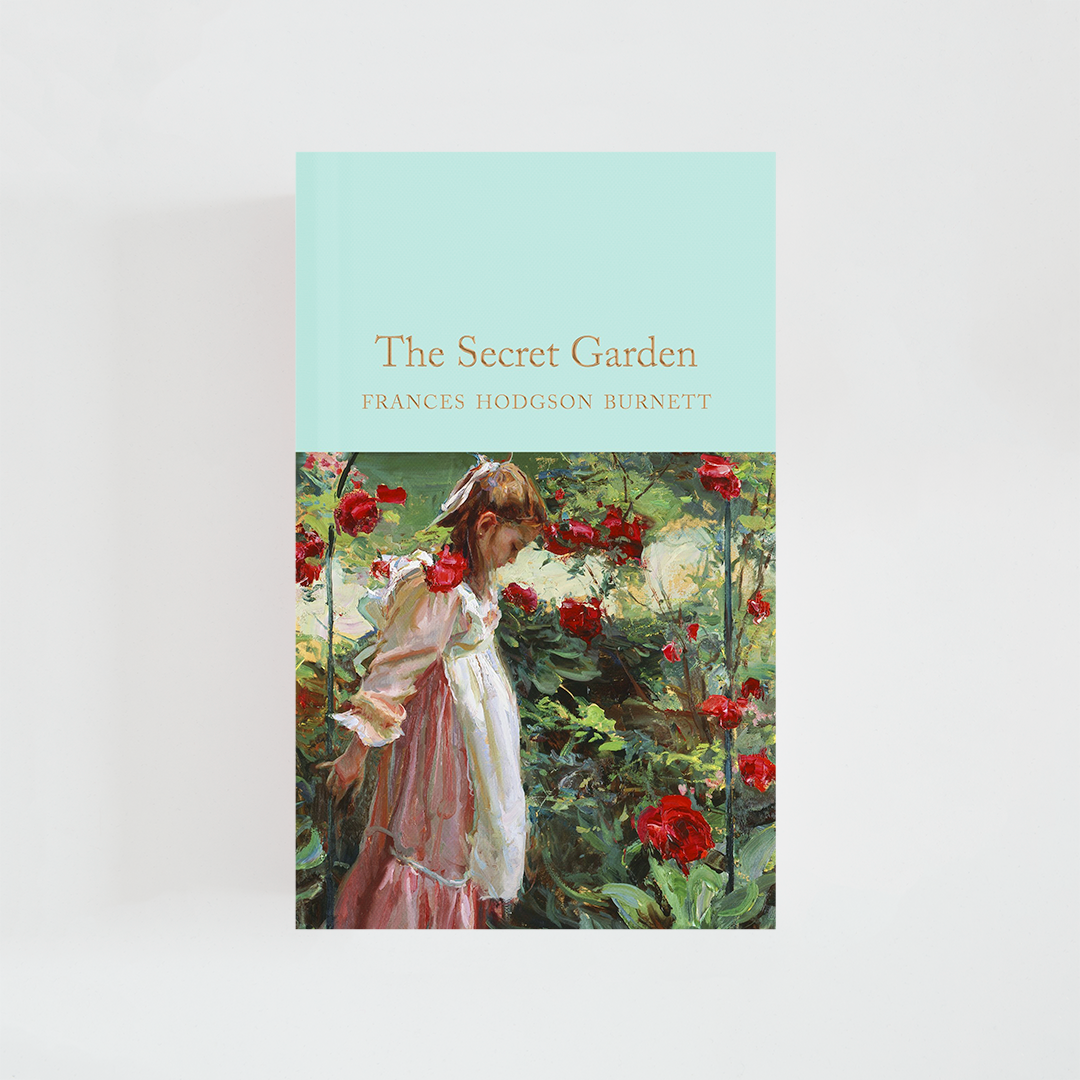 Portada del libro The Secret Garden de Frances Hodgson Burnett (The Collector's Library) de color celeste acompañada de imagen inspirada en la novela.