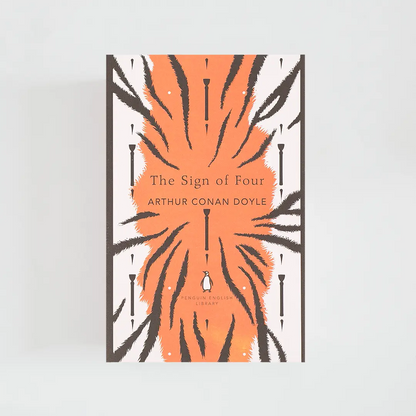 Portada naranja, blanca y gris del libro en inglés The Sign of Four  de Arthur Conan Doyle de la colección Penguin English Library sobre fondo blanco.

