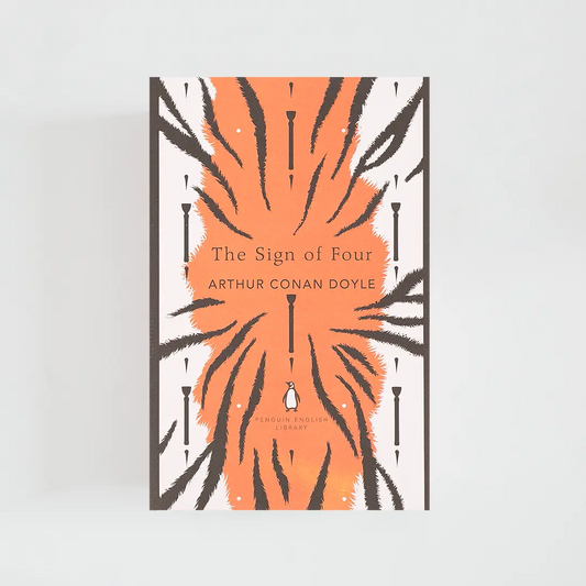 Portada naranja, blanca y gris del libro en inglés The Sign of Four  de Arthur Conan Doyle de la colección Penguin English Library sobre fondo blanco.
