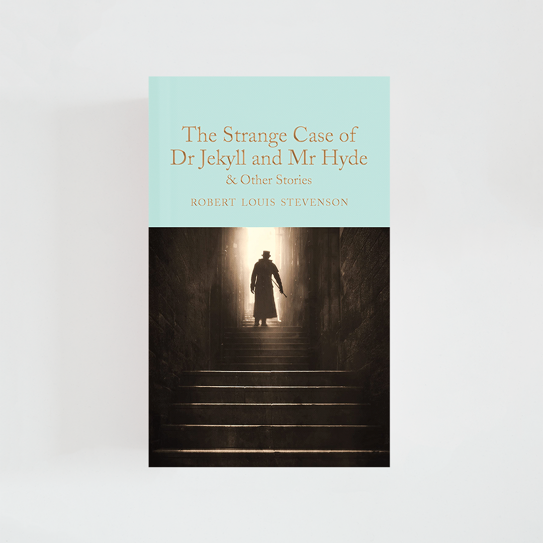 Portada del libro The Strange Case of Dr Jekyll and Mr Hyde and other stories de Robert Louis Stevenson (The Collector's Library) de color celeste acompañada de fotografía inspirada en la novela.
