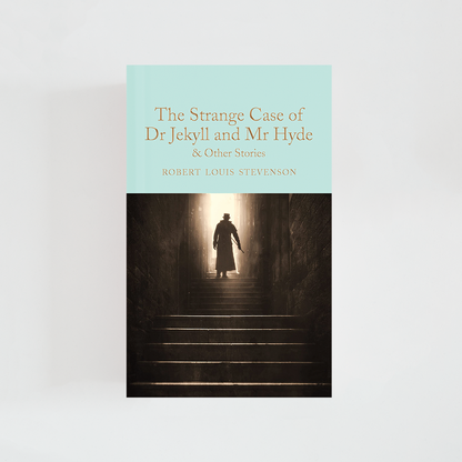 Portada del libro The Strange Case of Dr Jekyll and Mr Hyde and other stories de Robert Louis Stevenson (The Collector's Library) de color celeste acompañada de fotografía inspirada en la novela.
