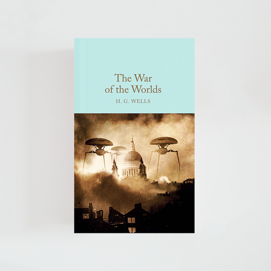 Portada del libro The War of the Worlds de H. G. Wells (The Collector's Library) de color celeste acompañada de imagen inspirada en la novela.