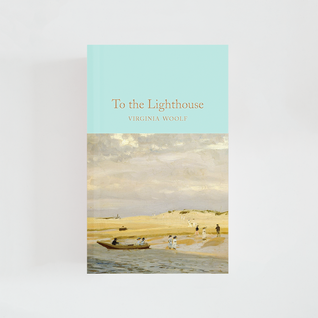Portada del libro To the Lighthouse de Virginia Woolf (The Collector's Library) de color celeste acompañada de imagen inspirada en la novela.