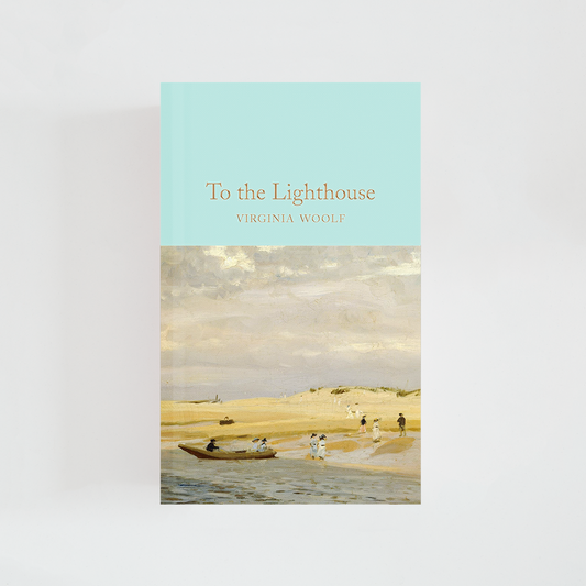 Portada del libro To the Lighthouse de Virginia Woolf (The Collector's Library) de color celeste acompañada de imagen inspirada en la novela.