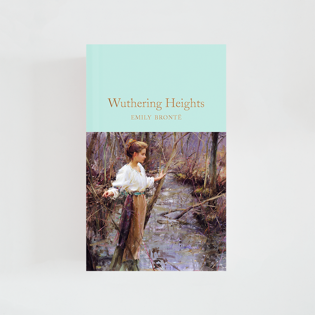Portada del libro Wuthering Heights de Emily Brontë (The Collector's Library) de color celeste acompañada de imagen inspirada en la novela.