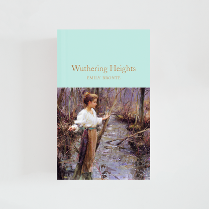 Portada del libro Wuthering Heights de Emily Brontë (The Collector's Library) de color celeste acompañada de imagen inspirada en la novela.