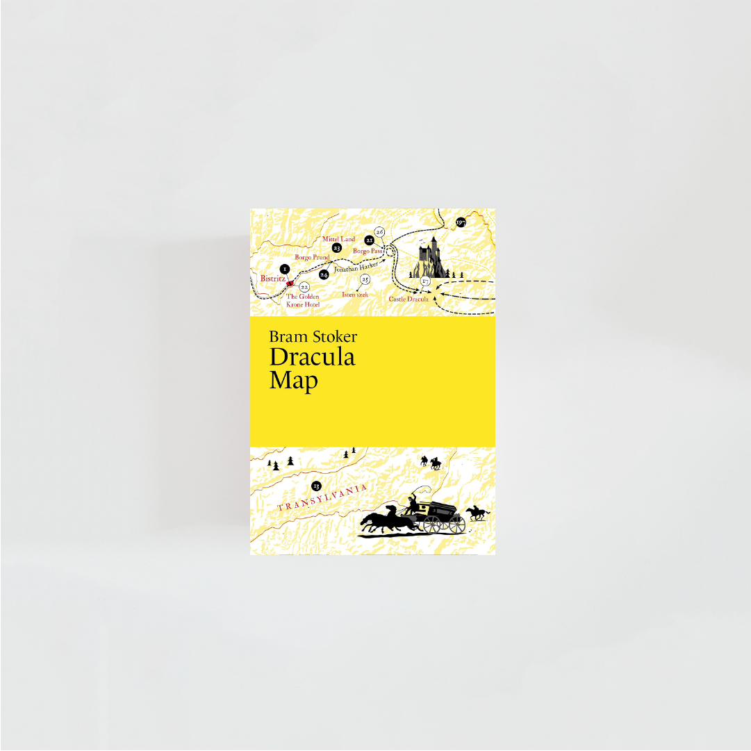 Portada del mapa literario de Dracula con el nombre de la obra acompañado del nombre del autor, Bram Stoker, donde predominan colores negros y amarillos e ilustraciones de la novela.
