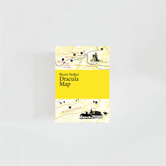 Portada del mapa literario de Dracula con el nombre de la obra acompañado del nombre del autor, Bram Stoker, donde predominan colores negros y amarillos e ilustraciones de la novela.