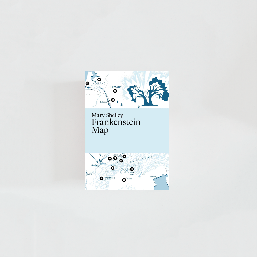 Portada del mapa literario de Frankenstein con el nombre de la obra acompañado del nombre de la autora, Mary Shelley, donde predominan colores celestes y blancos e ilustraciones de la novela.