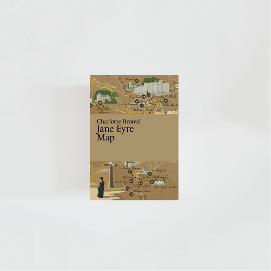 Portada del mapa literario de Jane Eyre con el título de la obra y el nombre la autora, Charlotte Brontë, donde predominan tonos marrones e ilustraciones de la novela.