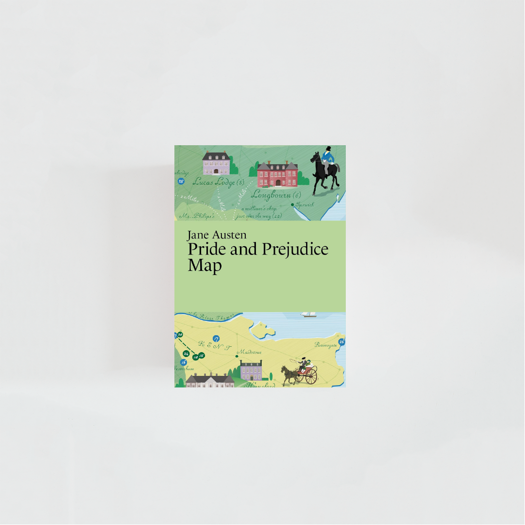 Portada del mapa literario de Orgullo y prejuicio con el título de la obra acompañado por nombre de la autora, Jane Austen, donde predominan colores verdes e ilustraciones de la novela.