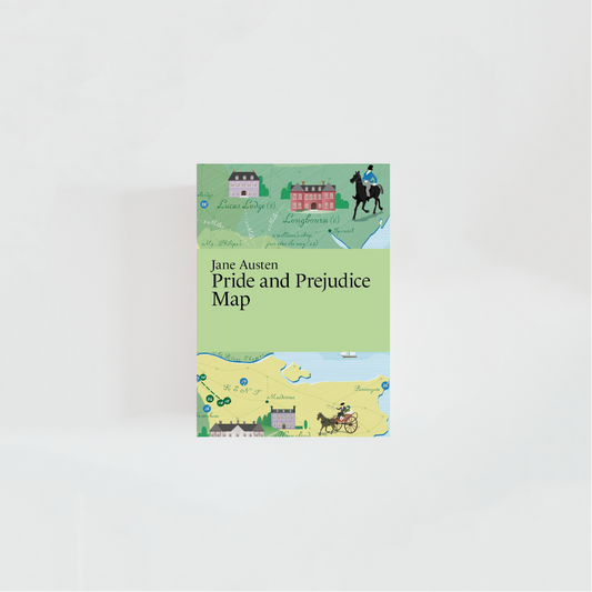 Portada del mapa literario de Orgullo y prejuicio con el título de la obra acompañado por nombre de la autora, Jane Austen, donde predominan colores verdes e ilustraciones de la novela.