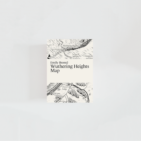 Portada del mapa literario de Whutering Heights con el título de la obra y el nombre la autora, Emily Brontë, donde predominan colores blancos y negros e ilustraciones de la novela.