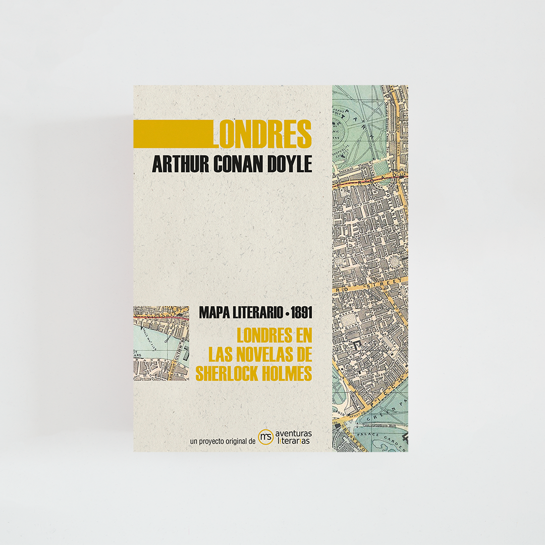 Portada del mapa de Londres en las novelas de Sherlock Holmes con título sobre fondo blanco.