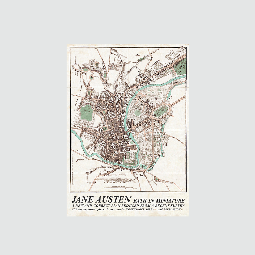 Trasera del mapa literario de Bath de Jane Austen desplegado sobre fondo blanco.