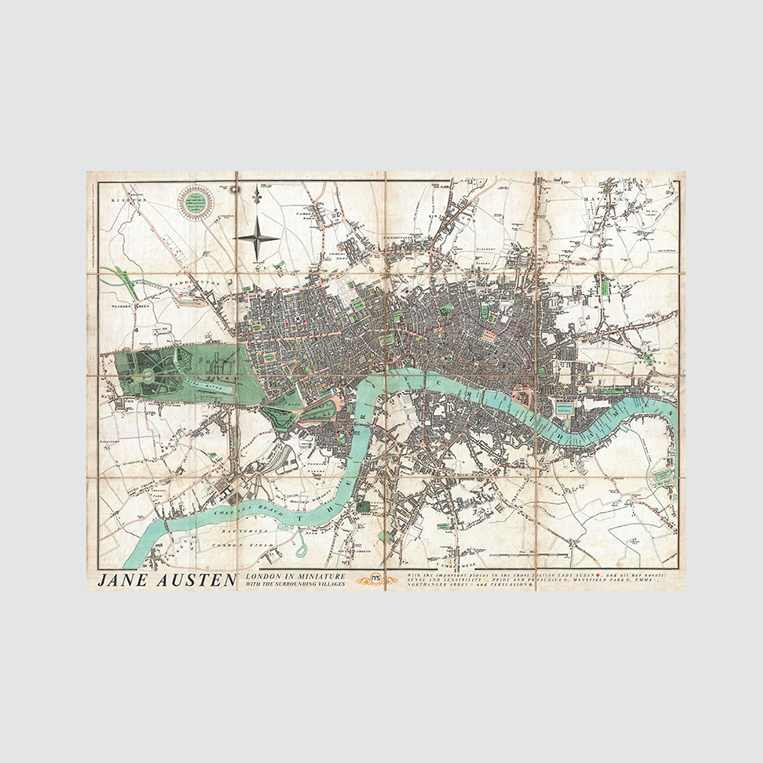 Mapa literario de Londres de Jane Austen desplegado sobre fondo blanco.