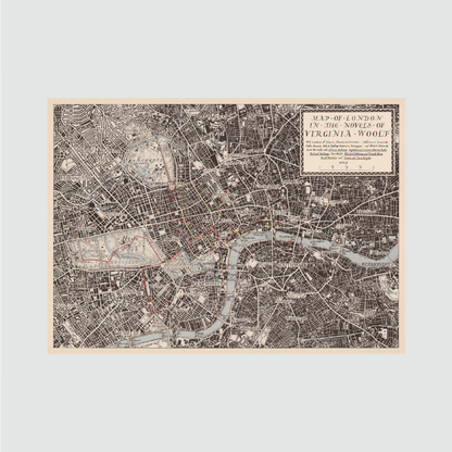Mapa de Londres en las novelas de Virginia Woolf desplegado sobre fondo blanco.