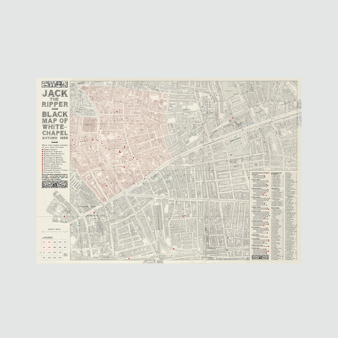 Mapa del Londres negro de Jack el Destripador desplegado sobre fondo blanco.