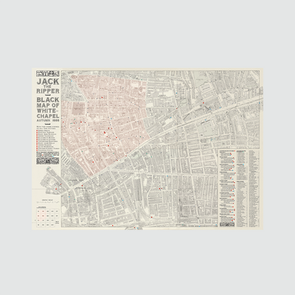 Mapa del Londres negro de Jack el Destripador desplegado sobre fondo blanco.