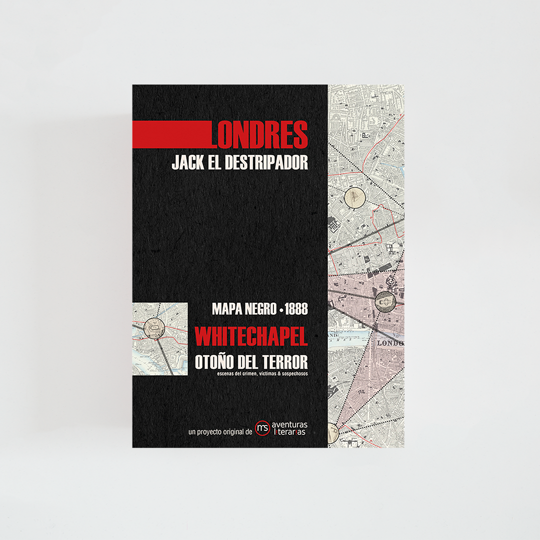 Portada del mapa negro de Londres de Jack el Destripador donde se puede leer el título junto a mapa negro, 1888, Whitechapel, Otoño del terror, sobre fondo blanco.