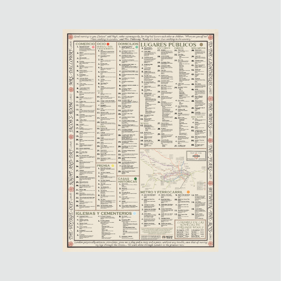 Trasera del segundo mapa de Londres en las novelas de Virginia Woolf con leyenda, sobre fondo blanco.