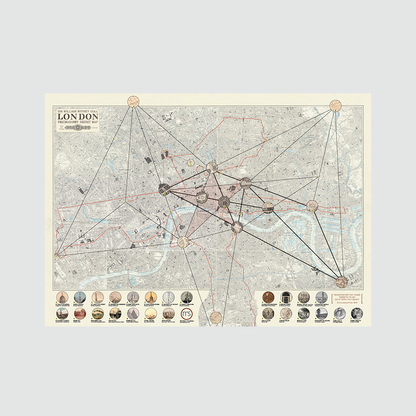 Mapa del Londres negro de Jack el Destripador desplegado con ubicaciones de los asesinatos sobre fondo blanco.