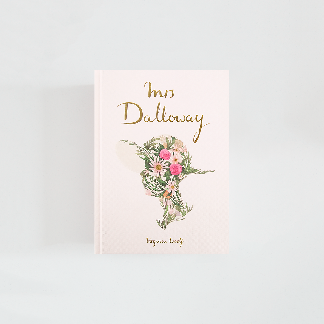 Portada de Mrs Dalloway de Virginia Woolf, edición Wordsworth Collector’s Edition en tono marfil, decorada con una silueta femenina formada por flores y hojas y título dorado.