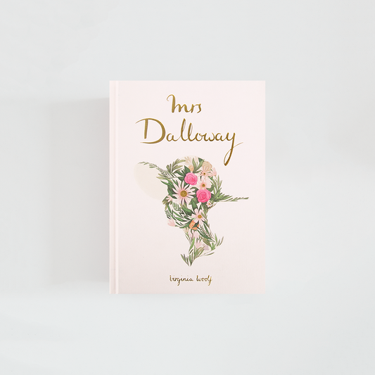 Portada de Mrs Dalloway de Virginia Woolf, edición Wordsworth Collector’s Edition en tono marfil, decorada con una silueta femenina formada por flores y hojas y título dorado.