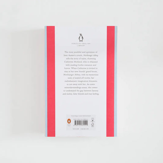 Trasera rojo y celeste con sinopsis del libro en inglés Northanger Abbey  de Jane Austen de la colección Penguin English Library sobre fondo blanco.
