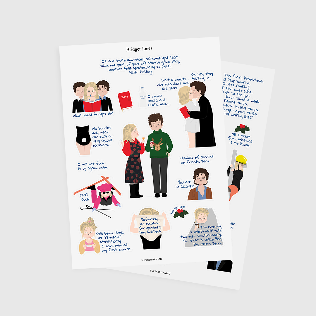 Pack de dos pegatinas con ilustraciones y textos de Bridget Jones sobre fondo blanco.