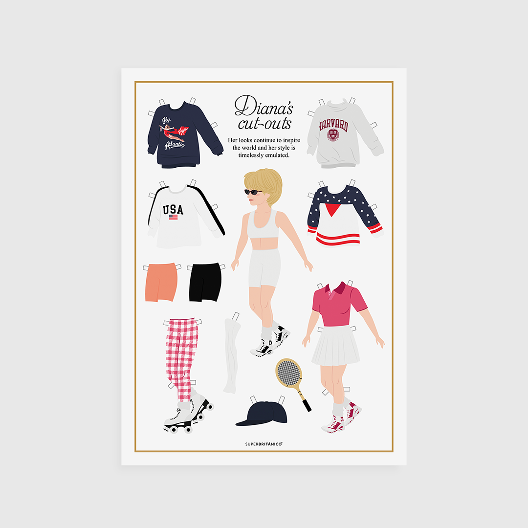Pack de recortables de la princesa Diana donde se observa una hoja con una ilustración de ella en el centro y varios outfits deportivos.